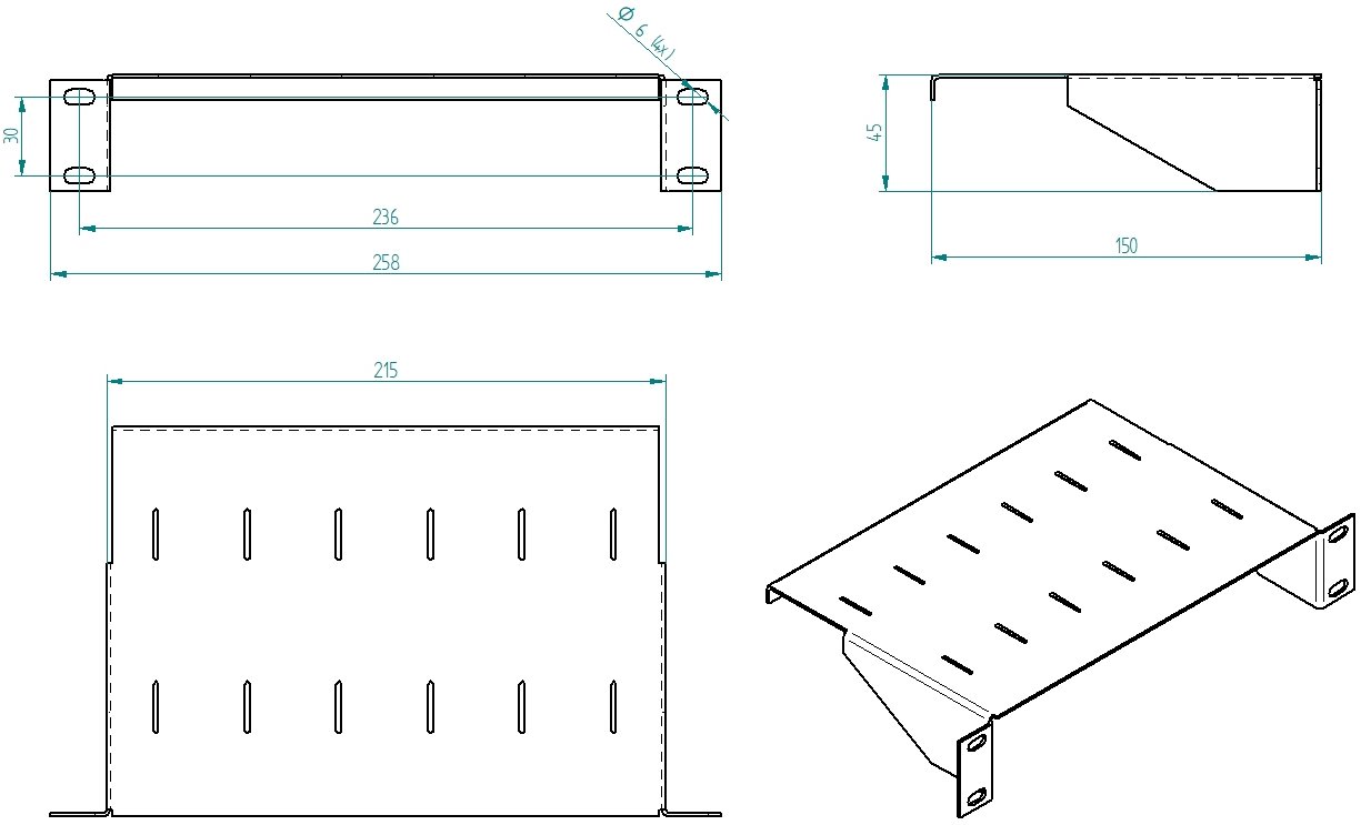 Masterlan fixed perforated shelf, 1U, 10", 150mm, gray