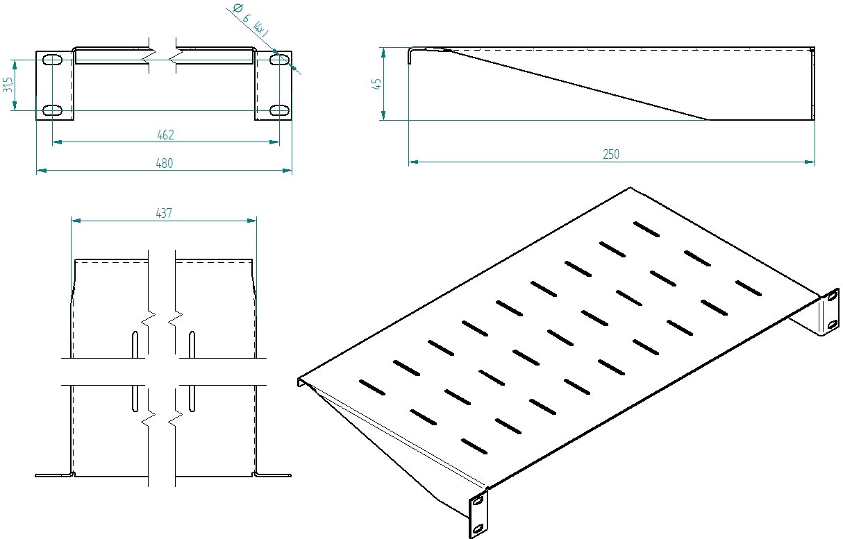 Masterlan fixed perforated shelf. 1U, 19", 250mm, load capacity 25kg, black