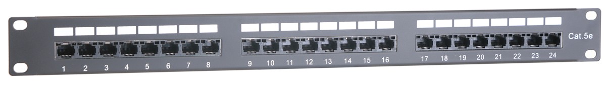 Masterlan patch panel 19", 24xRJ45, Cat5e, 1U, with cable tie bar, black