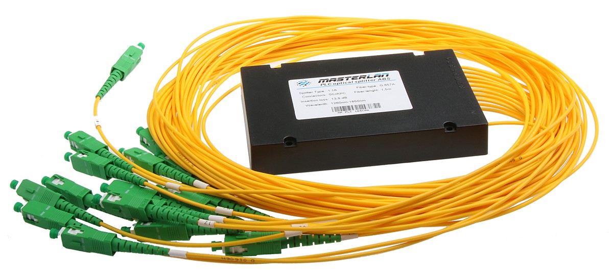 Masterlan PLC optický splitter - 1x16, 1260-1650nm, ABS box, SC/APC, 1,5m